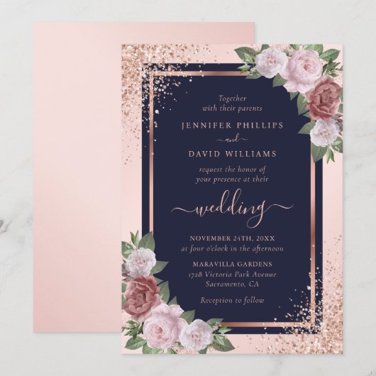 Roos Goud Confetti Navy Blue Blush Bloemen Huwelij Kaart (Voorkant / Achterkant)