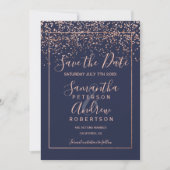 Roos goud confetti navy blue save the date bruilof (Voorkant)