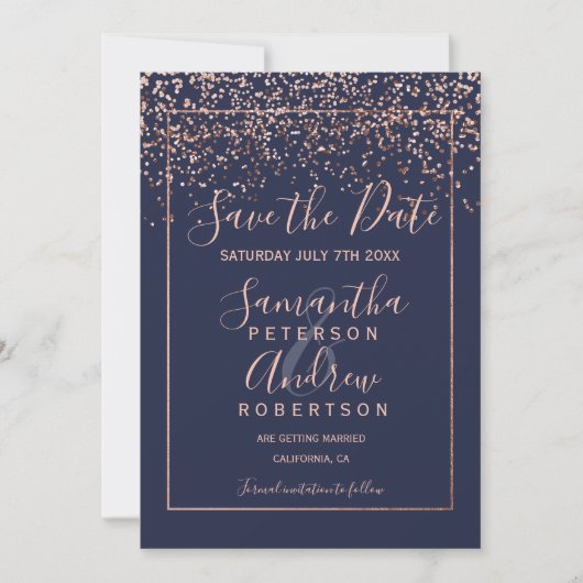 Roos goud confetti navy blue save the date bruilof (Voorkant)