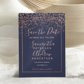 Roos goud confetti navy blue save the date bruilof