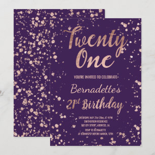 Roos goud confetti paarse splatters 21st Birthday Kaart