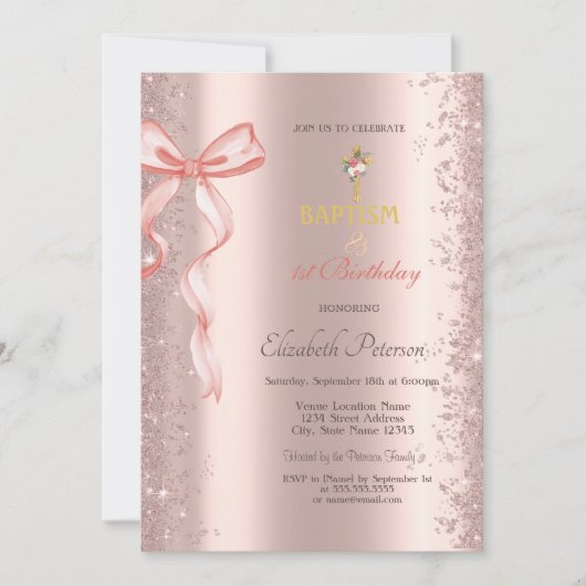 Roos Goud Confetti Roze Boog Doop en Verjaardag Kaart (Voorkant)