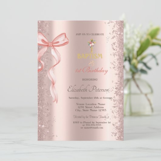 Roos Goud Confetti Roze Boog Doop en Verjaardag Kaart (Staand voorkant)