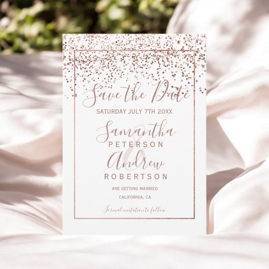 Roos goud confetti white save the date bruiloft