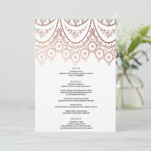 Roos Goud Delicate Kant Bruiloft Menu (Staand voorkant)
