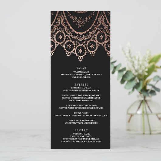 Roos Goud Delicate Kant Bruiloft Menu (Staand voorkant)