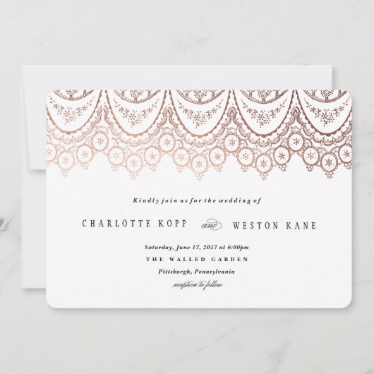 Roos Goud Delicate Kant Bruiloft Uitnodiging (Voorkant)