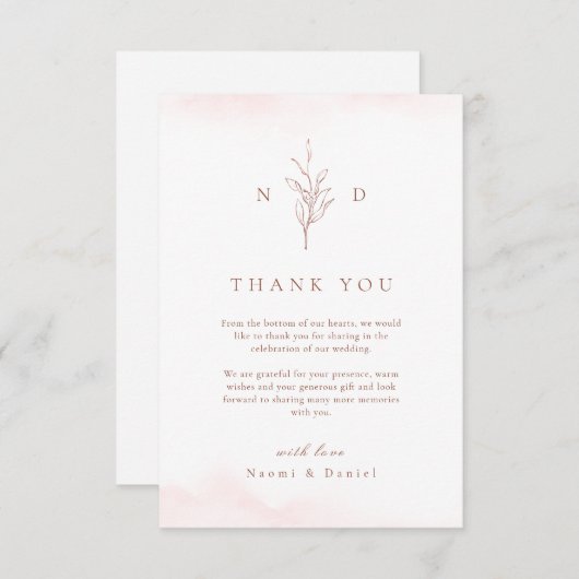 Roos goud eenvoudige botanische bladeren monogram bedankkaart (Voorkant / Achterkant)