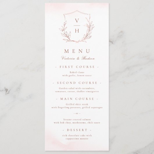 Roos goud eenvoudige botanische monogram bruiloft menu (Voorkant)