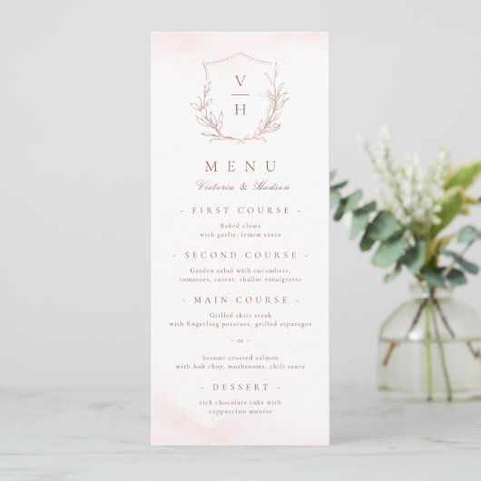 Roos goud eenvoudige botanische monogram bruiloft menu (Staand voorkant)