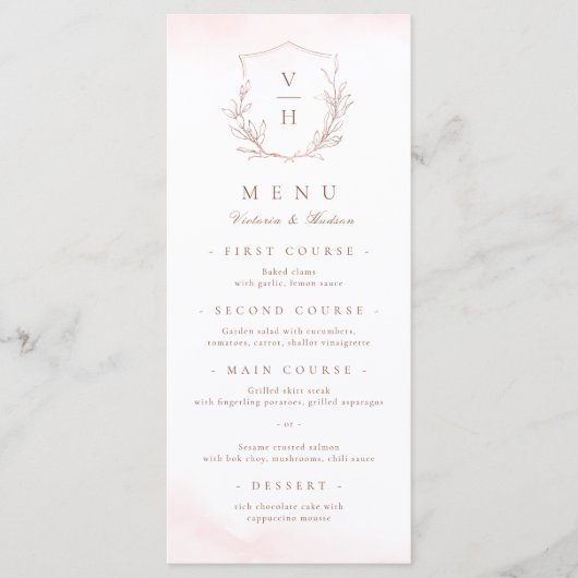 Roos goud eenvoudige botanische monogram bruiloft menu (Voorkant)