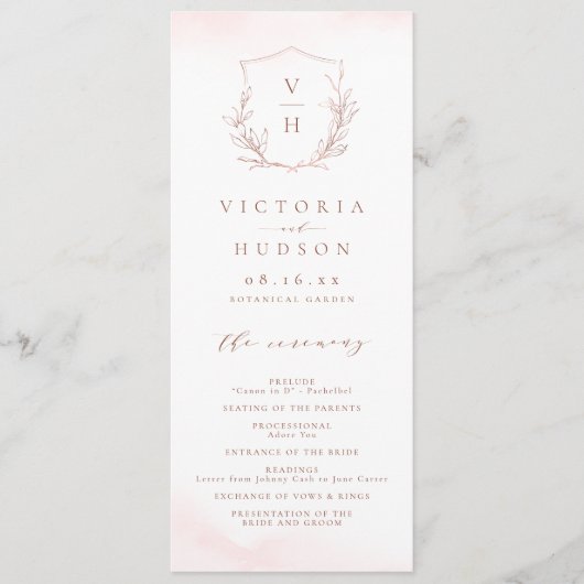 Roos goud eenvoudige botanische monogram bruiloft programmakaart (Voorkant)