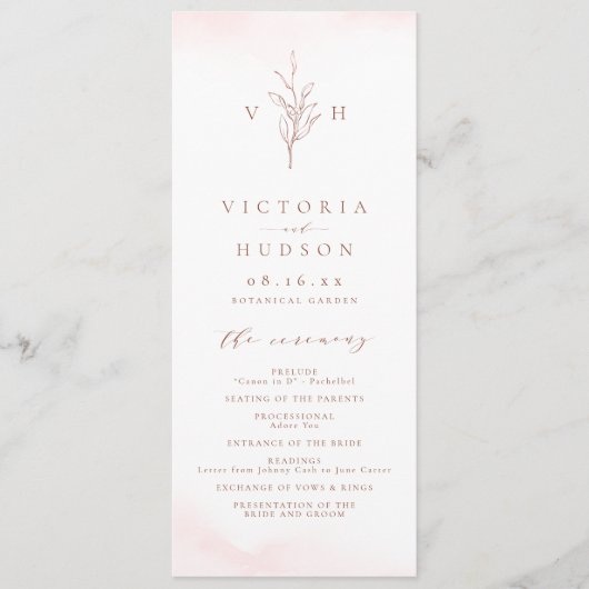 Roos goud eenvoudige botanische monogram bruiloft programmakaart (Voorkant)