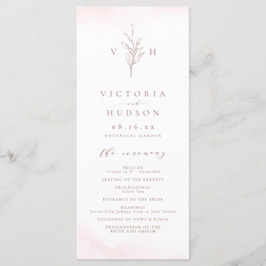 Roos goud eenvoudige botanische monogram bruiloft programmakaart (Voorkant)