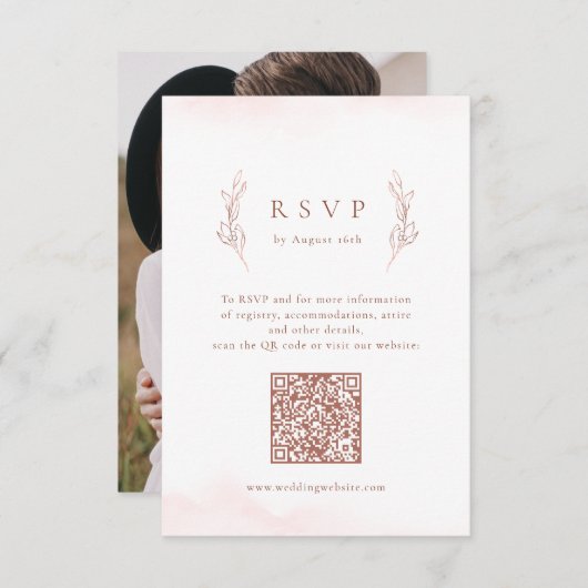 Roos goud eenvoudige elegante botanische QR code b RSVP Kaartje (Voorkant / Achterkant)