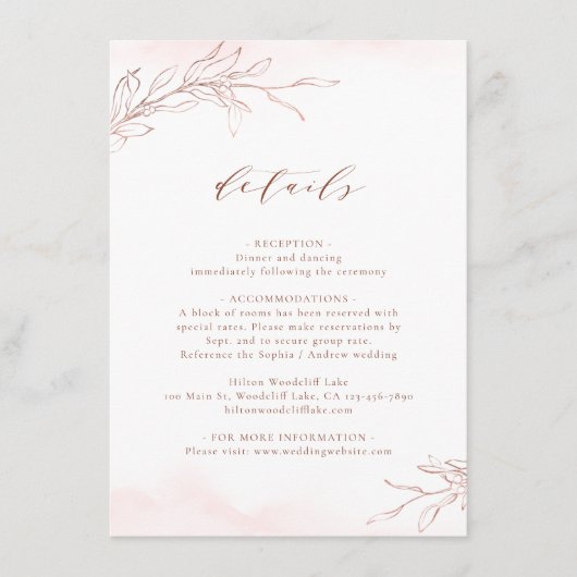 Roos goud eenvoudige elegante botanische trouwgege informatiekaartje (Voorkant)