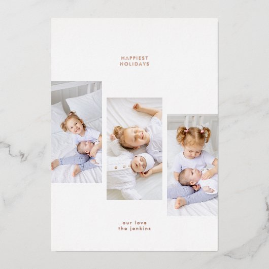 Roos Goud Eenvoudige Kerst 3 Fotolijsten Folie Feestdagenkaart (Voorkant)