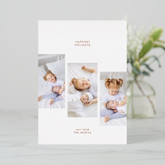 Roos Goud Eenvoudige Kerst 3 Fotolijsten Folie Feestdagenkaart (Staand Voorkant)