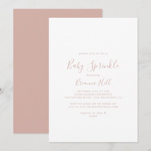 Roos Goud Eenvoudige Minimalistische Baby Sprinkle Kaart (Voorkant / Achterkant)