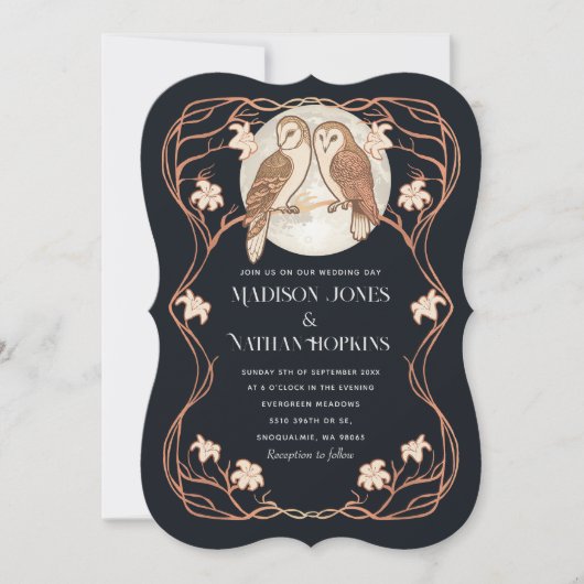 Roos Goud Elegante Art Nouveau Uilen QR Code Huwel Kaart (Voorkant)