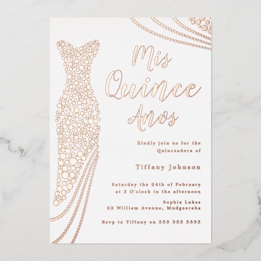 Roos Goud Elegante Folie Jurk Quinceanera Folie Uitnodiging (Voorkant)