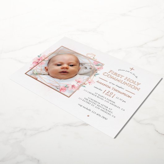 Roos goud en bloesse geometrische bloemen Heilige  Folie Uitnodiging (Gedraaid)