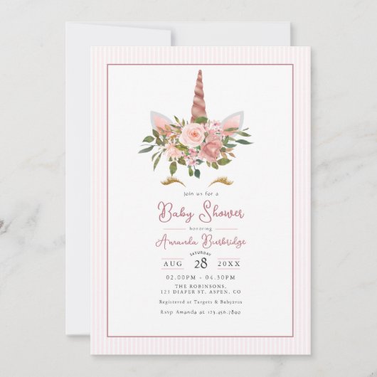 Roos Goud en Blush Bloemen Eenhoorn Baby shower Kaart (Voorkant)