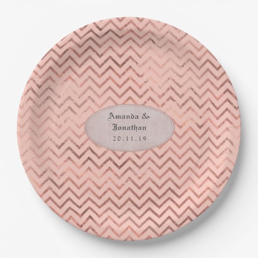 Roos Goud en Blush Folie Chevron Bruiloft Papieren Bordje (Voorkant)