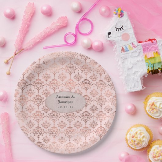 Roos Goud en Blush Folie Damask Bruiloft Papieren Bordje (Feest)