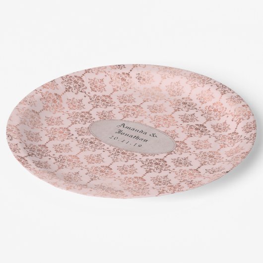 Roos Goud en Blush Folie Damask Bruiloft Papieren Bordje (Gekanteld)