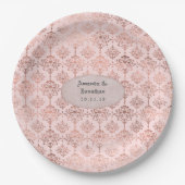 Roos Goud en Blush Folie Damask Bruiloft Papieren Bordje (Voorkant)