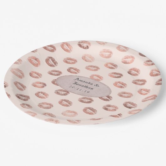 Roos Goud en Blush Folie Lips Bruiloft Papieren Bordje (Gekanteld)