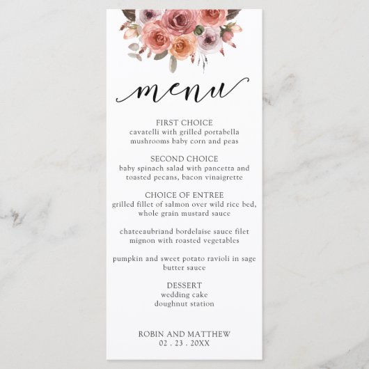 Roos Goud en Blush Roze Bloemen Menu (Voorkant)