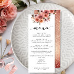 Roos Goud en Blush Roze Bloemen Menu<br><div class="desc">Verras uw gasten met deze prachtige Menukaart. Ontwerp coördinerend onze Roos Gold event uitnodigingen. Apart design met aan de bovenkant een unieke blush, blush roze, perzik en champagne bloemstuk en aan de onderkant jouw naam(s) en datum. Hand geschreven Script typografie detail. Terug in een rozen gouden sprankelend dessin en bloemboeket...</div>