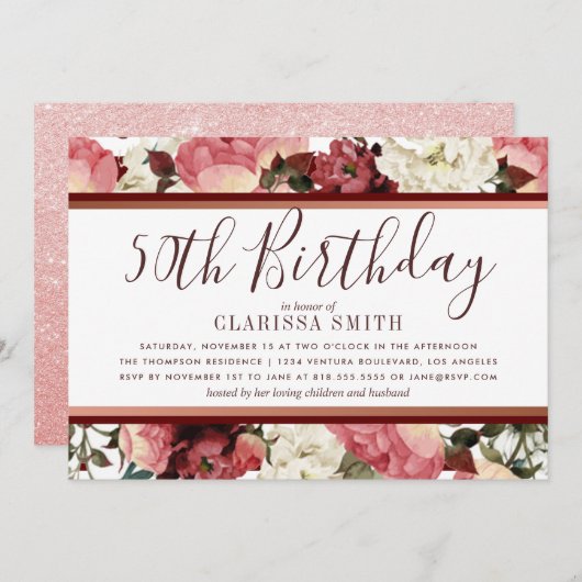 Roos Goud en Bourgogne Bloemen 50ste Verjaardagsfe Kaart (Voorkant / Achterkant)