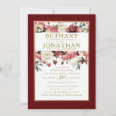 Roos Goud en Bourgondië Bloemen Huwelijksuitnodigi Kaart (Voorkant)