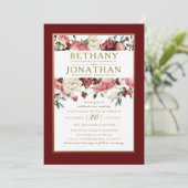 Roos Goud en Bourgondië Bloemen Huwelijksuitnodigi Kaart (Staand voorkant)