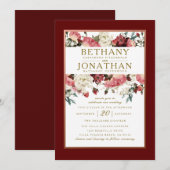 Roos Goud en Bourgondië Bloemen Huwelijksuitnodigi Kaart (Voorkant / Achterkant)