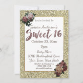 Roos Goud en Faux Glitter Floral Sweet 16 Kaart (Voorkant)