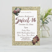 Roos Goud en Faux Glitter Floral Sweet 16 Kaart (Staand voorkant)