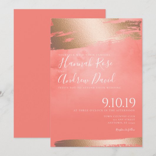 Roos Goud en Koraal Waterverf Textuur Wedding Kaart (Voorkant / Achterkant)