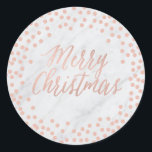 Roos goud en marmer "Merry Christmas" sticker<br><div class="desc">Schattigee ronde sticker met roos gouden confetti op een marmeren achtergrond en de tekst "Merry Christmas"</div>