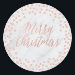 Roos goud en marmer "Merry Christmas" sticker<br><div class="desc">Schattigee ronde sticker met roos gouden confetti op een marmeren achtergrond en de tekst "Merry Christmas"</div>