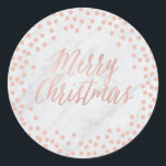 Roos goud en marmer "Merry Christmas" sticker<br><div class="desc">Schattigee ronde sticker met roos gouden confetti op een marmeren achtergrond en de tekst "Merry Christmas"</div>