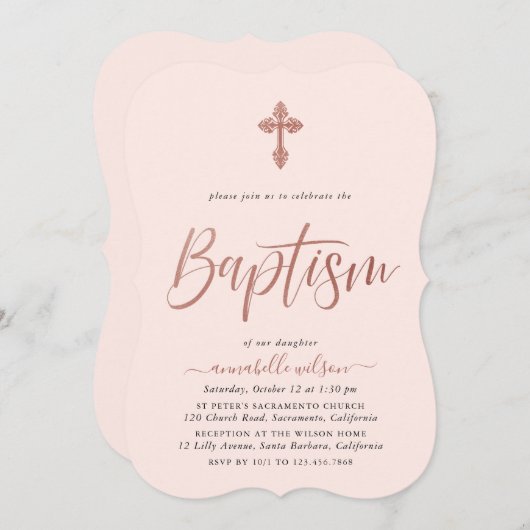 Roos Goud en Roze Meisje Doopuitnodiging Kaart (Voorkant / Achterkant)