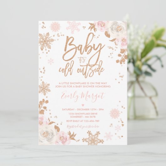 Roos goud en roze winterslaap Baby shower sneeuwvl Kaart (Staand voorkant)