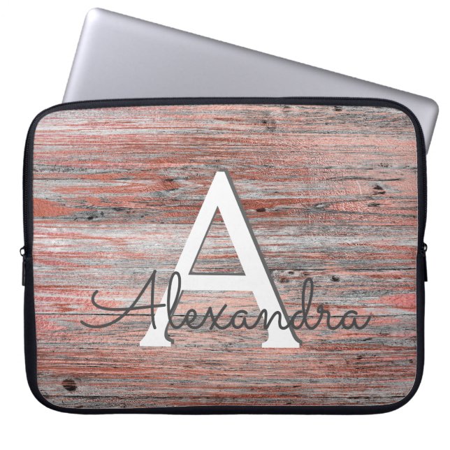 Roos Goud en Rustiek Hout Monogram & Initiaal Laptop Sleeve (Voorkant)