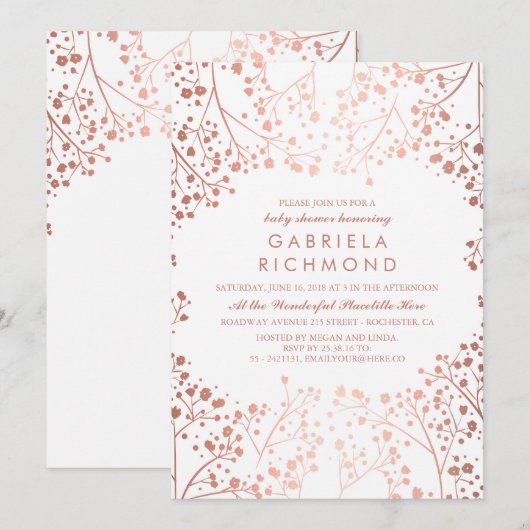 Roos Goud en Wit Bloemen Wit Baby shower Kaart (Voorkant / Achterkant)