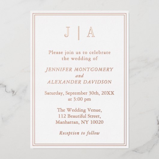 Roos Goud en Wit Monogram Modern Eenvoudig Bruilof Folie Uitnodiging (Voorkant)