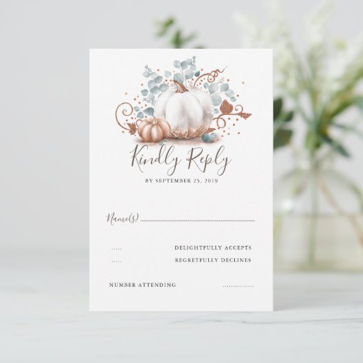 Roos Goud en Witte Pompoenen Herfst Bruiloft RSVP (Staand voorkant)